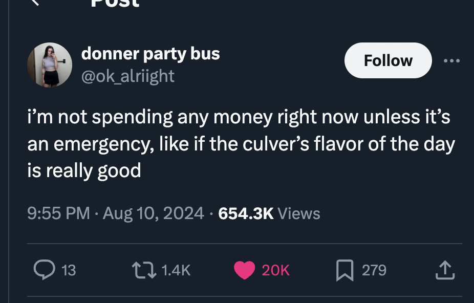 screenshot - donner party bus i'm not spending any money right now unless it's an emergency, if the culver's flavor of the day is really good . Views Q13 20K 279